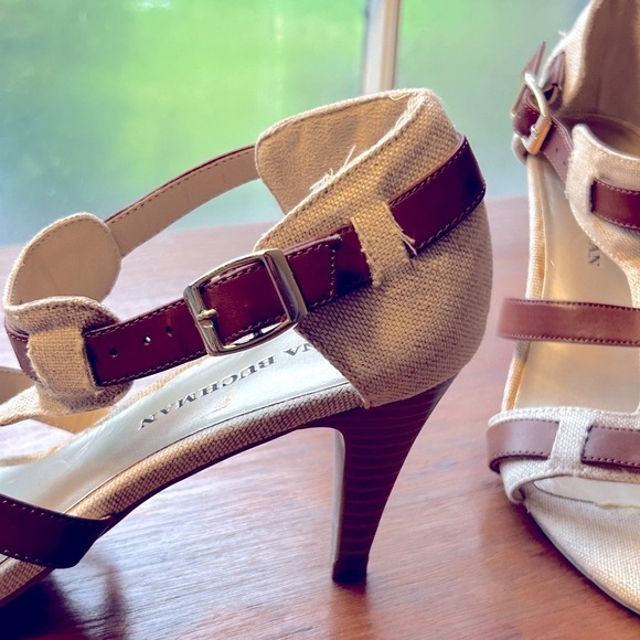 Linen + Leather Heels Tan Women’s Size 8 M NEW Without Box 2.5” Heel Gold Buckle - Picture 5 of 9